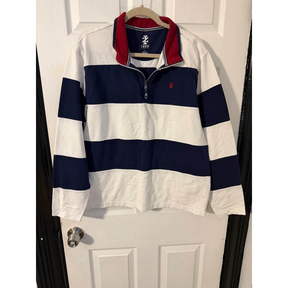 IZOD Mens Large Quarter Zip Pullover Striped Navy White Red Rugby Sweatshirt